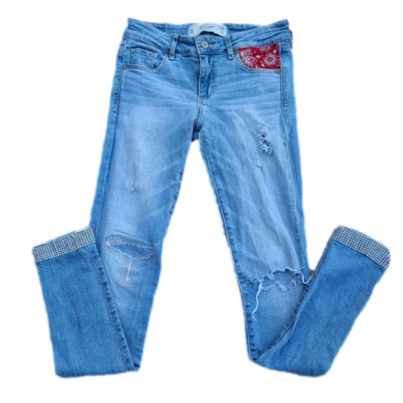 Abercrombie Y2K Bandana Patch Sequin Hem Jeans Upcycled - Picture 3 of 10